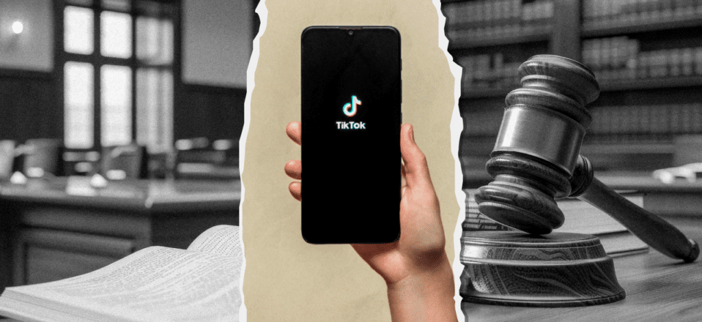 TikTok logo between an image of a courtroom and gavel.