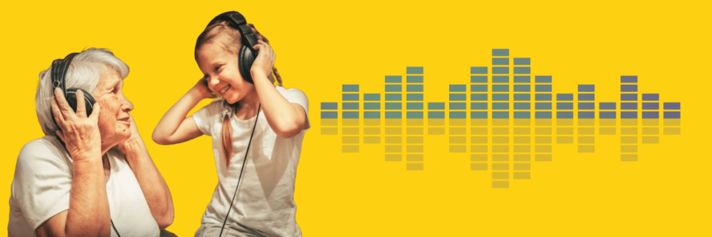 grandma and granddaughter listening to music together