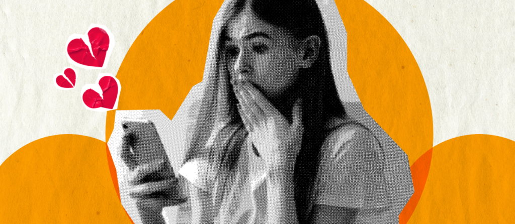 A stylized image of a young girl shocked while looking at a teen dating app