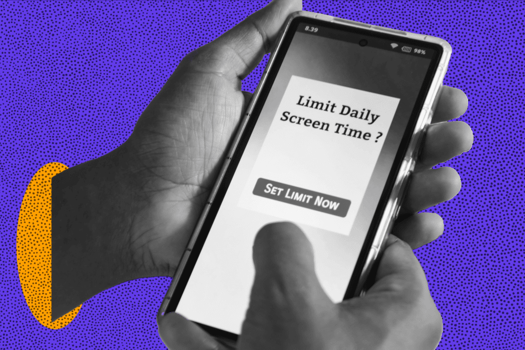 Phone with pop up that says "Limit Daily Screen Time?" with a button that says "Set Limit Now."