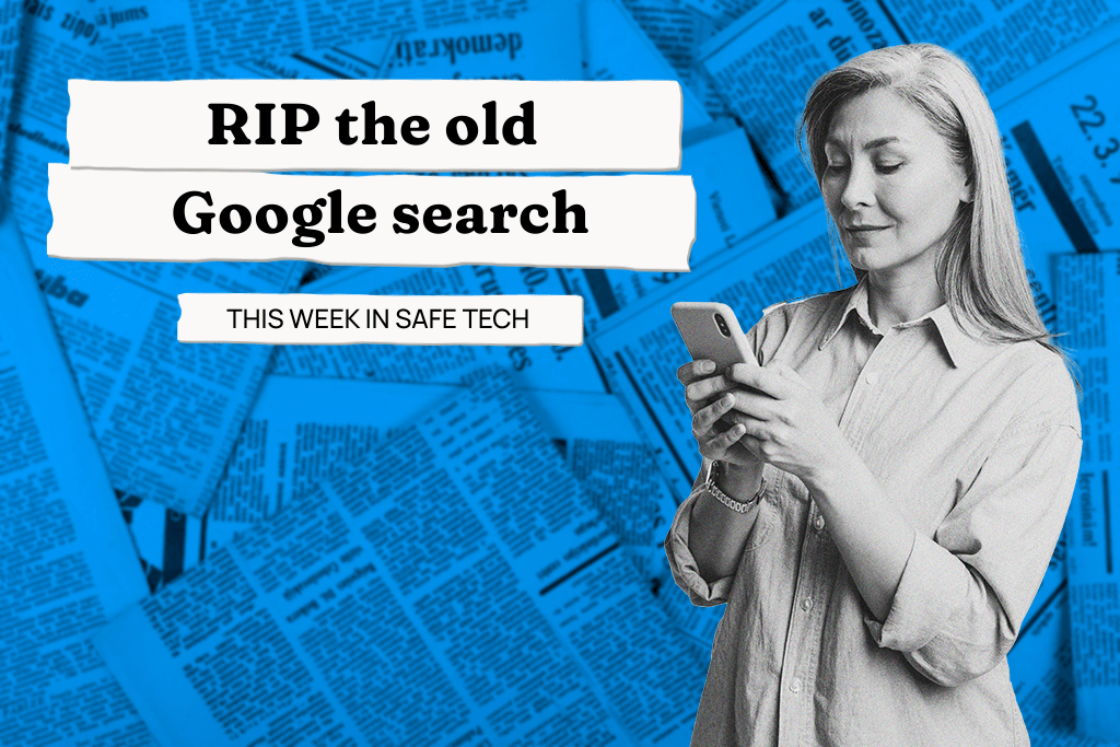 Women reading news on her phone with the headline next to her "RIP the old Google search"