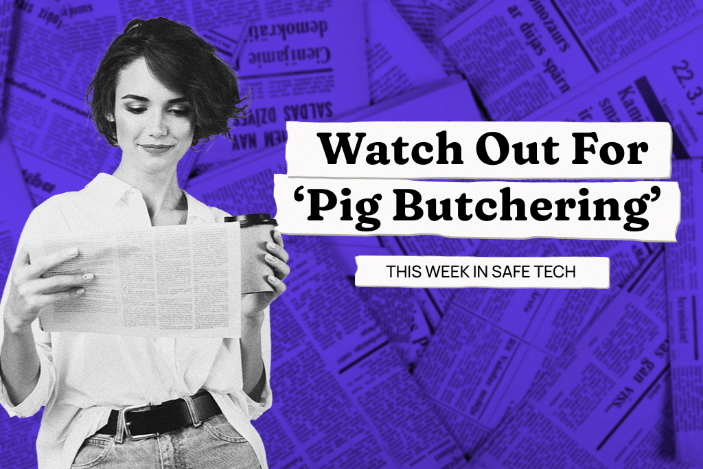 Women with coffee reading a newspaper with a headline next to her that read "Watch Out for 'Pig Butchering'
