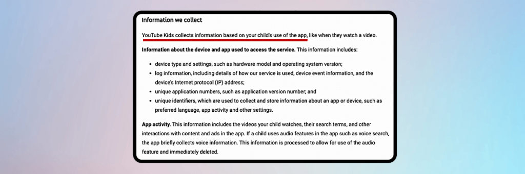information we collect section of youtube kids