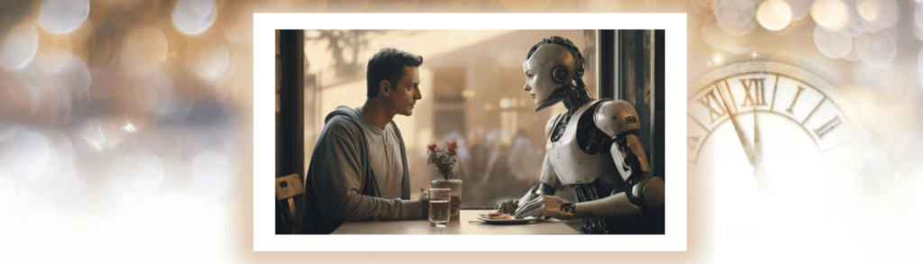 ai generated image of a man seated at dinner on a date with a robot